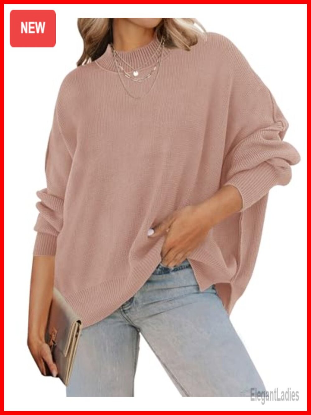 Oversized Striped Ribbed Knit Sweater Pullover Batwing Sleeve Tunic